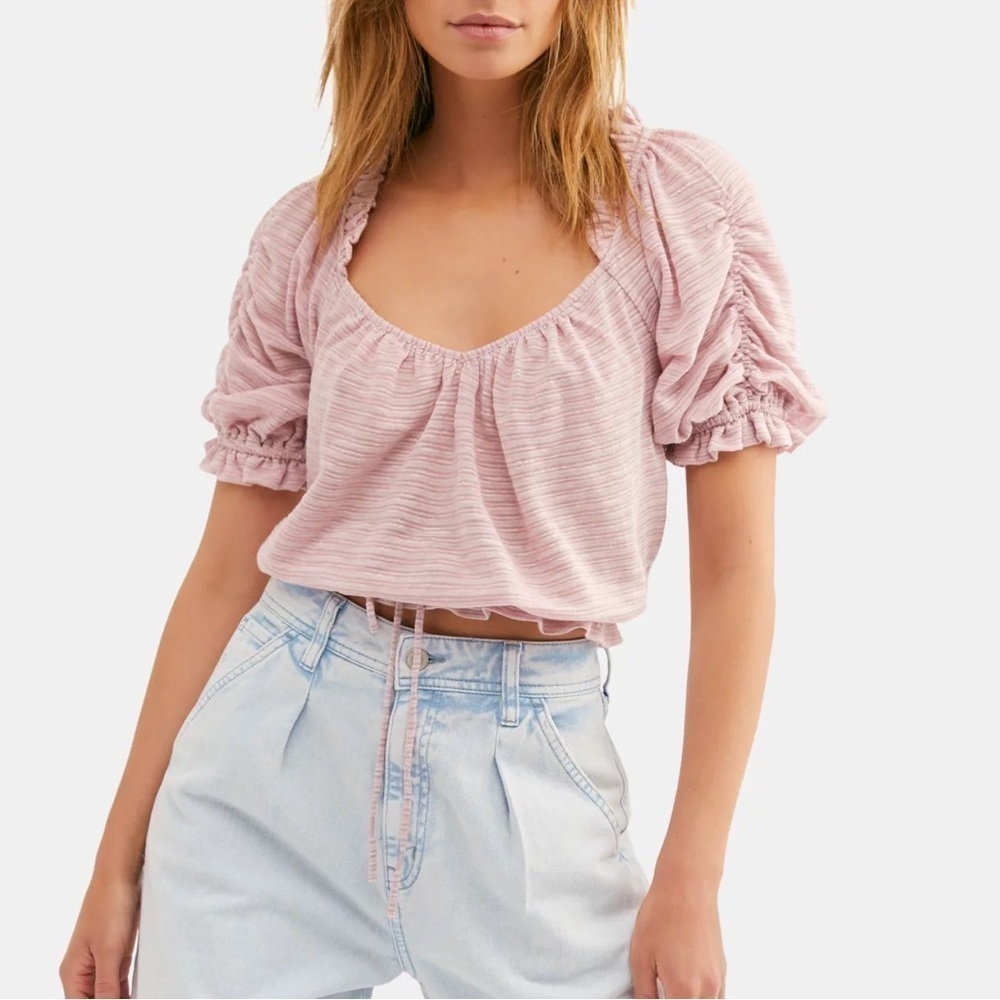 Free People Pink Ruched Sleeve Top